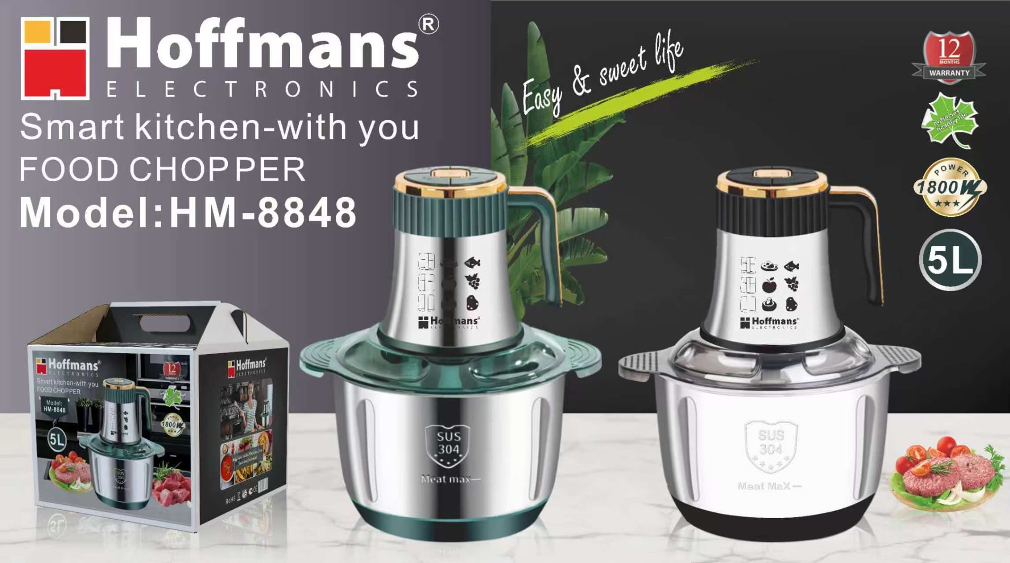 Tocător Electric Hoffmans HM-8848 – 1800W, Bol Inox 5L, pentru Carne și Legume