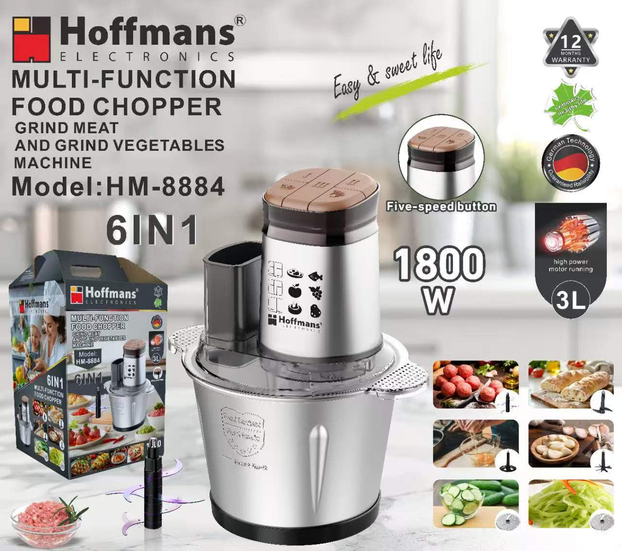 Tocător Multifuncțional Hoffmans HM-8884, 6 în 1, 3L, 1800W