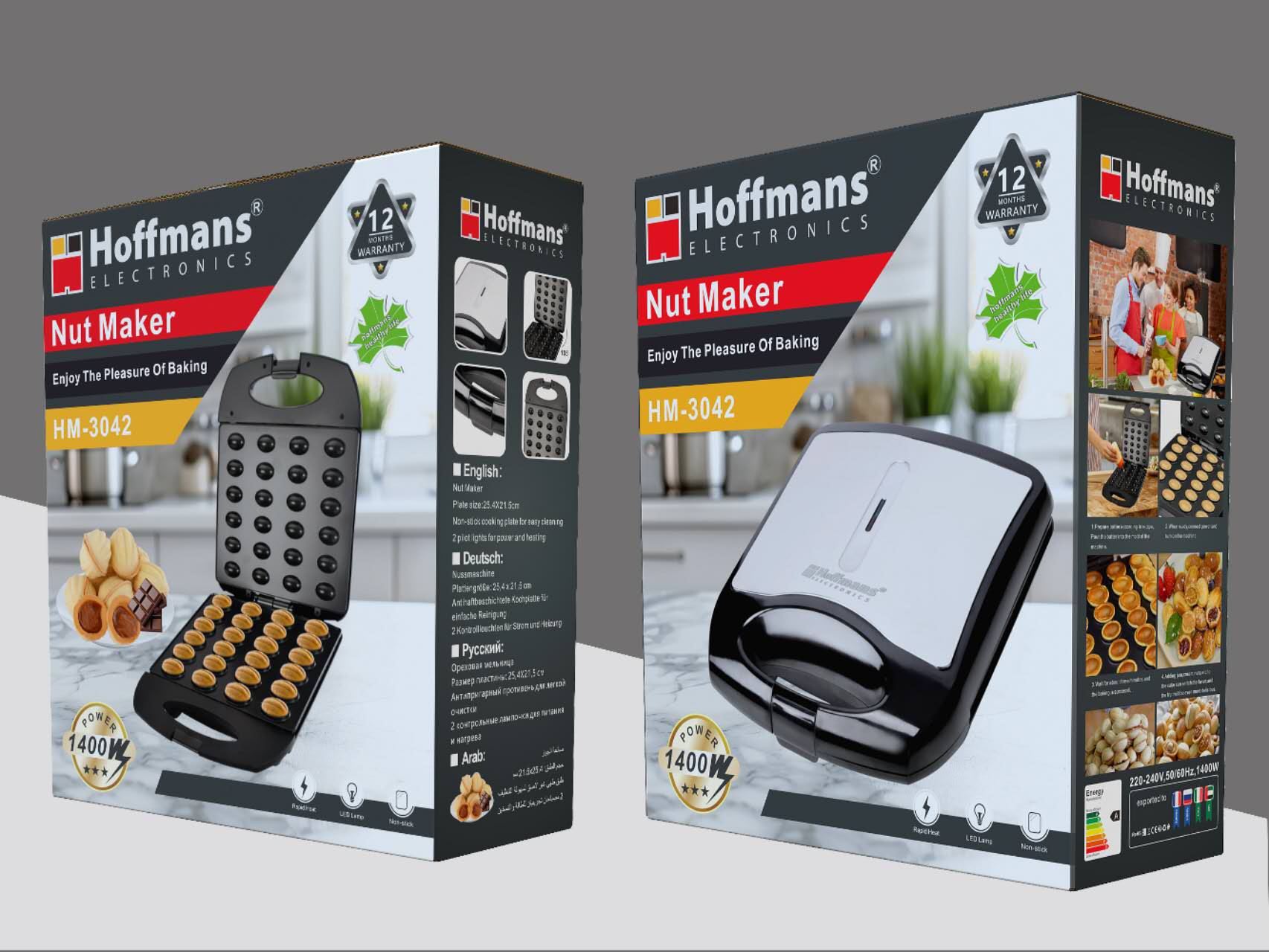 Aparat Electric pentru Prăjituri Tip Nucă HOFFMANS HM-3042, 1400W, Dublă Față, Antiaderent