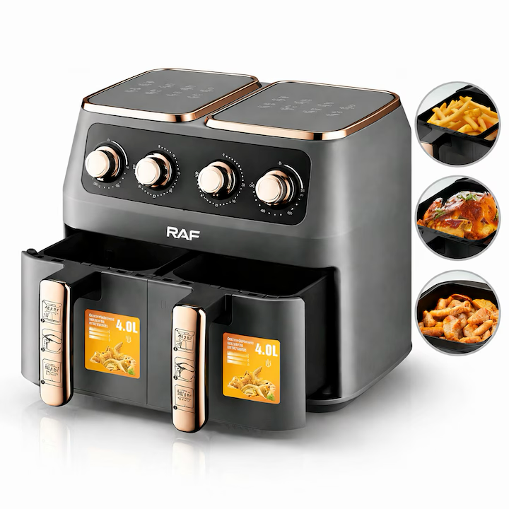 Air Fryer RAF 5236 - Friteuza cu Manual XL, 2 Galeti Duble, Usa Dubla, Capacitate 8L