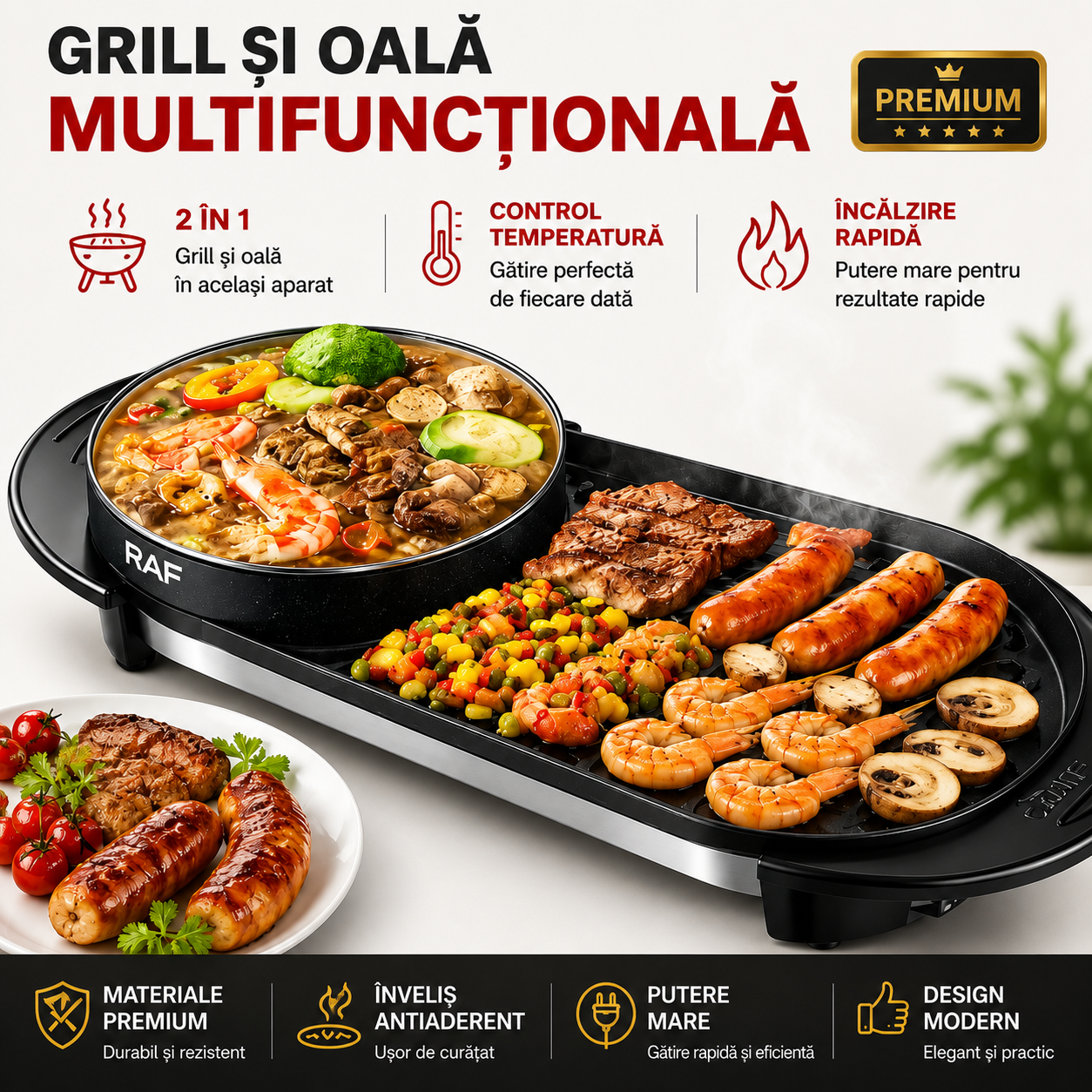 Grill & Oala Electric 2în1 RAF R.5413 1800W, 2.5 L capacitate, cu capac, 160℃-220℃, 70x25x10 cm