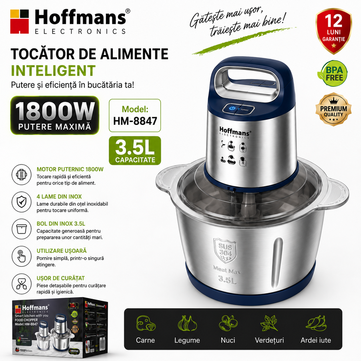 Tocător Electric Hoffmans HM-8847, 3.5L, 1800W