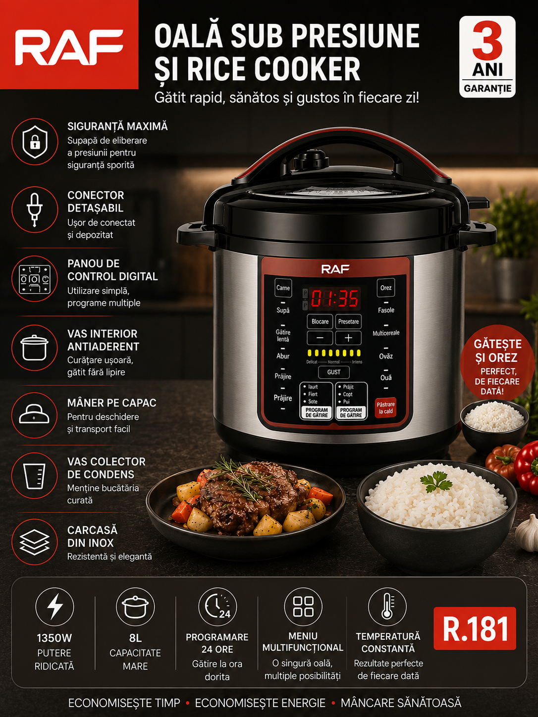 Oala de Gatit Electrica RAF 181 Sub Presiune Multifunctionala, Capacitate 8L, 1350W