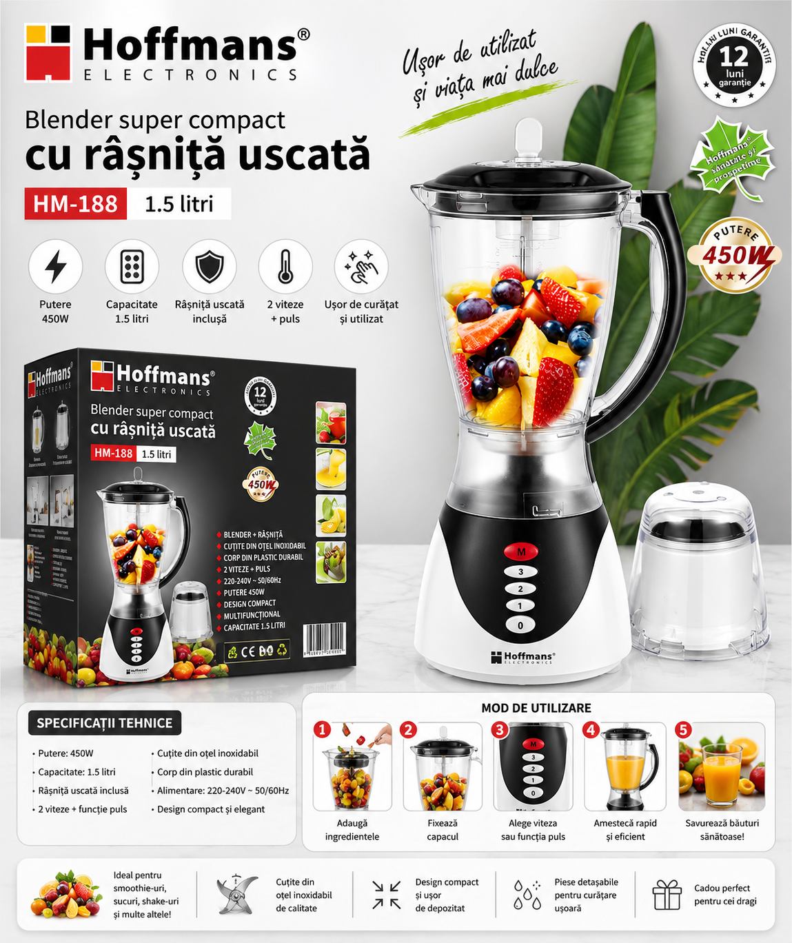 Blender HOFFMANS HM-188 450 W 1.5 l 3 programe