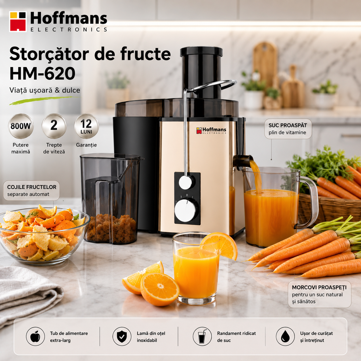 Storcator de Fructe Hoffmans HM-620, Capacitate 600ml, 800w