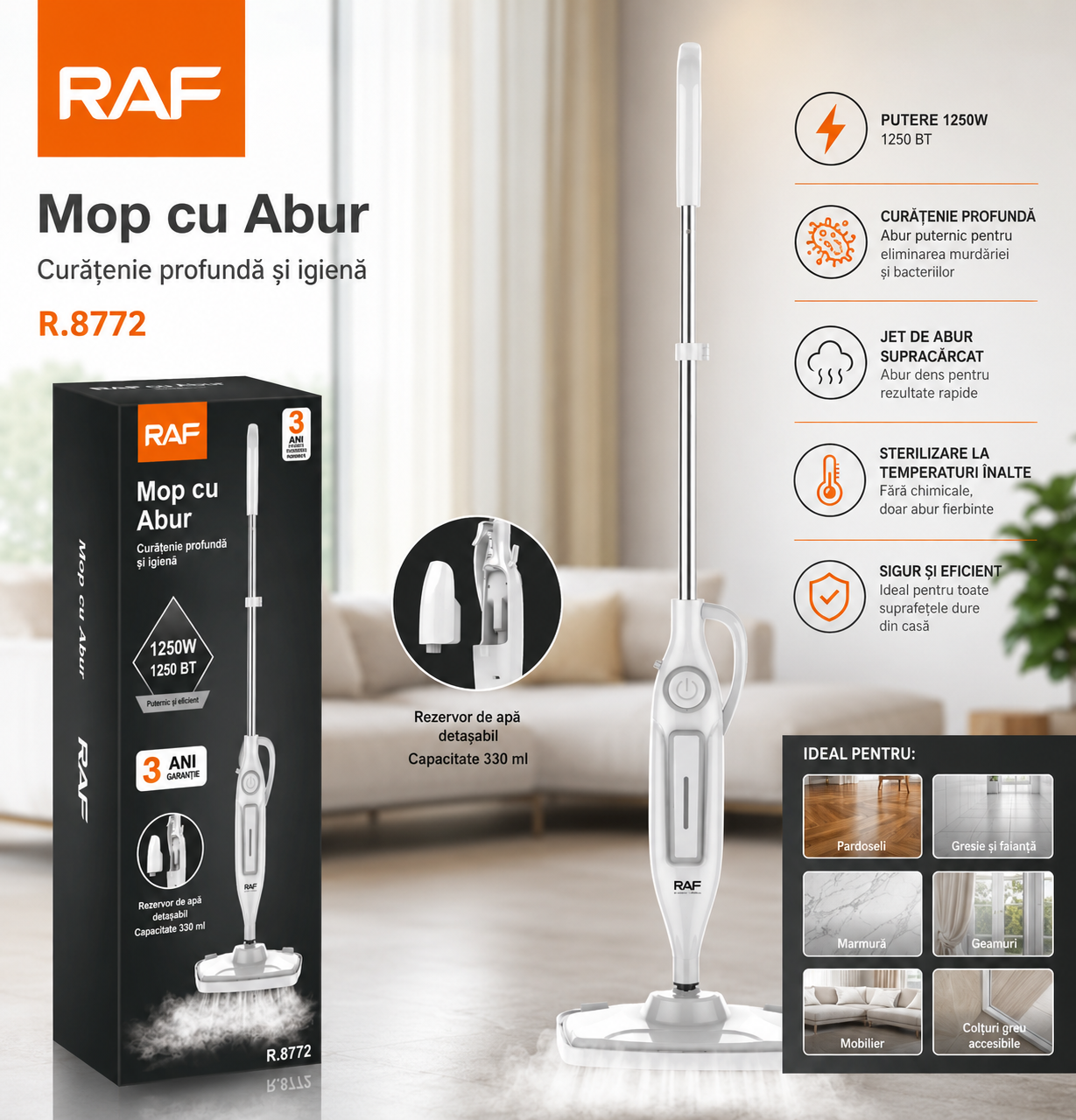 Mop cu Abur Electric RAF R.8772, 1250W, cu 7 Capete