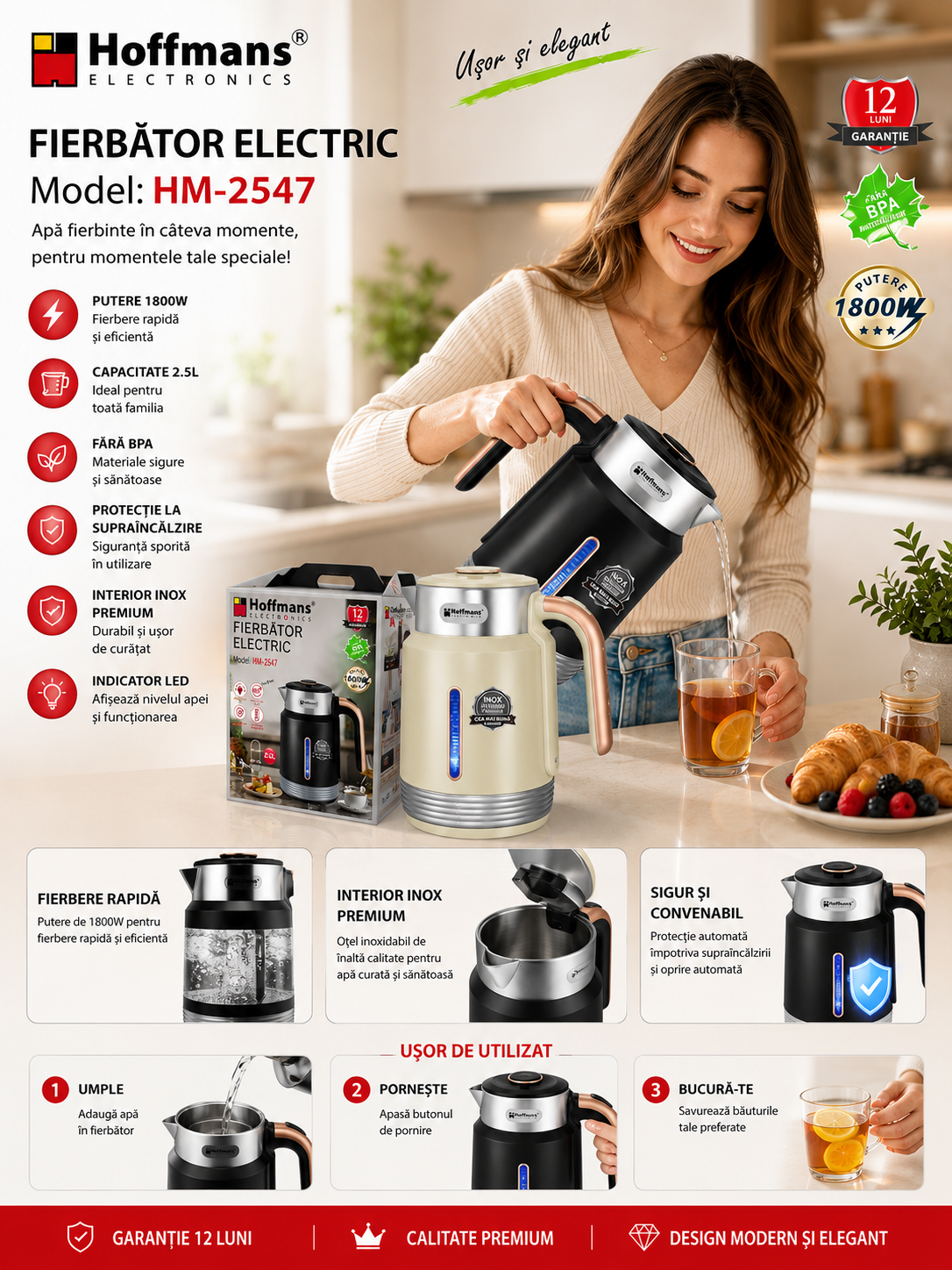 Fierbător Electric Multifuncțional Hoffmans HM-2547 pentru Apă și Lapte – 2.5L, Inox