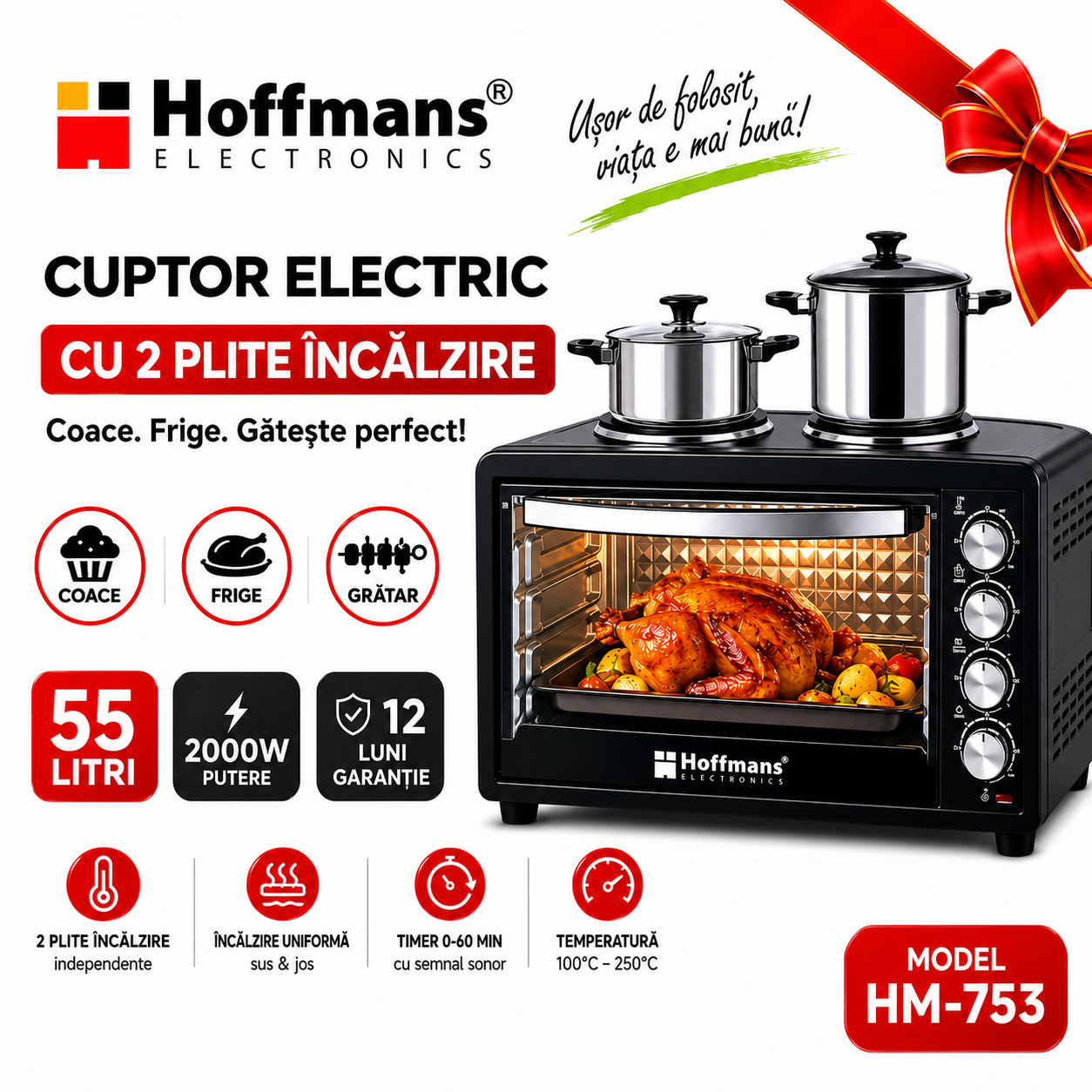Cuptor Electric Hoffmans Electronics HM-753, 55L, 2000W, 2 Plite Încălzire, Grill, Timer 60 min, Temperatură 100-250°C, Negru
Transformă fiecare masă într-o experiență culinară reușită cu cuptorul electric Hoffmans Electronics HM-753. Conceput pentru găti