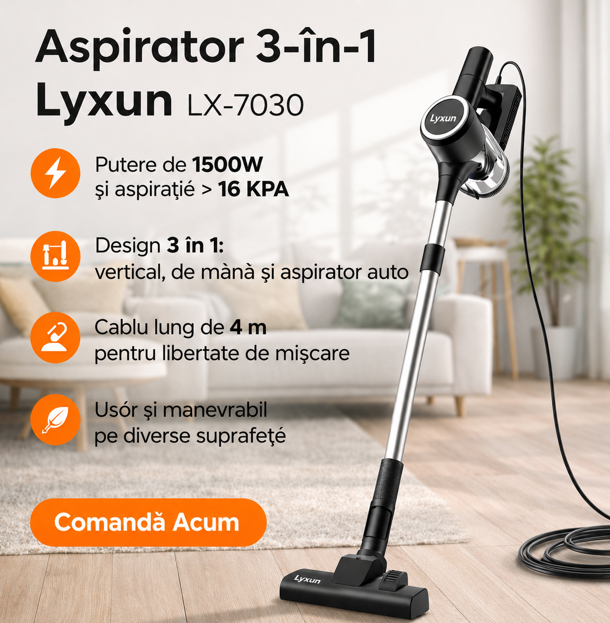 Aspirator Electric 3in1 Lyxun LX-7030, 1500W, Accesorii incluse + LIVRARE GRATUITA