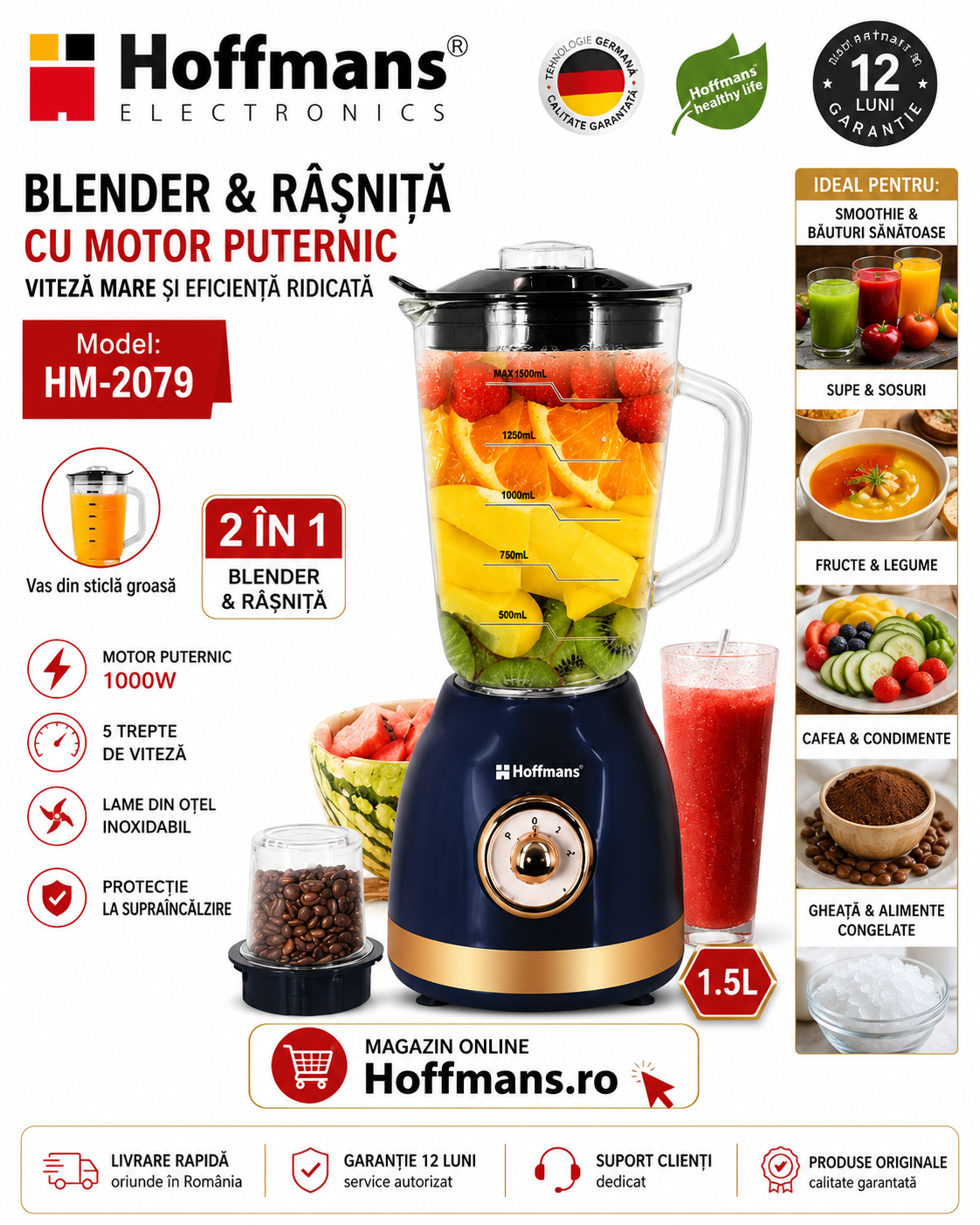 Blender Multifuncțional Hoffmans HM-2079 – 1000W, Vas 1.5L, Zdrobire Gheață + Râșniță Cafea
