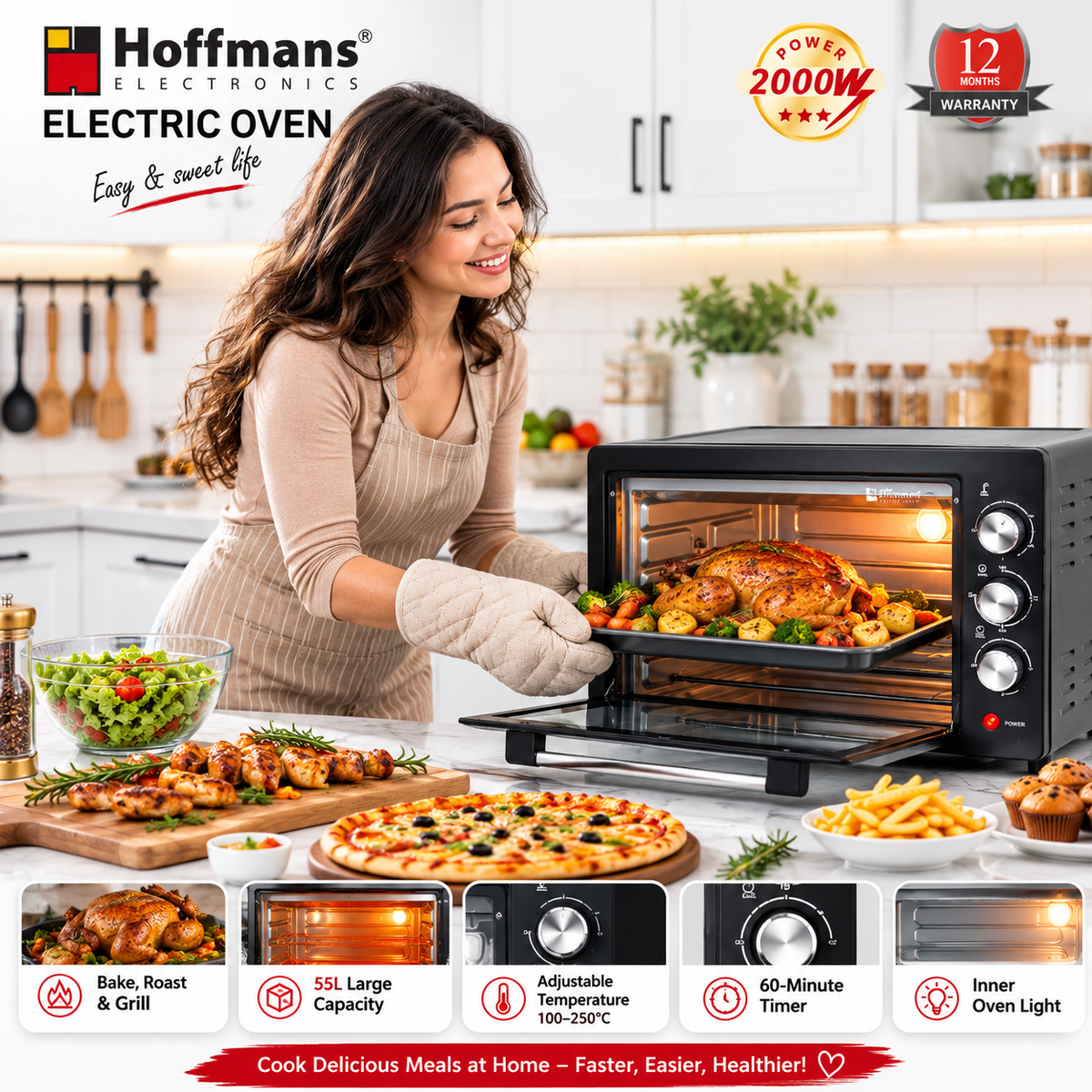 Cuptor Electric Hoffmans HM-751. 55L, 2000W - Temporizator, Functie Oprire, Termostat + Accesorii