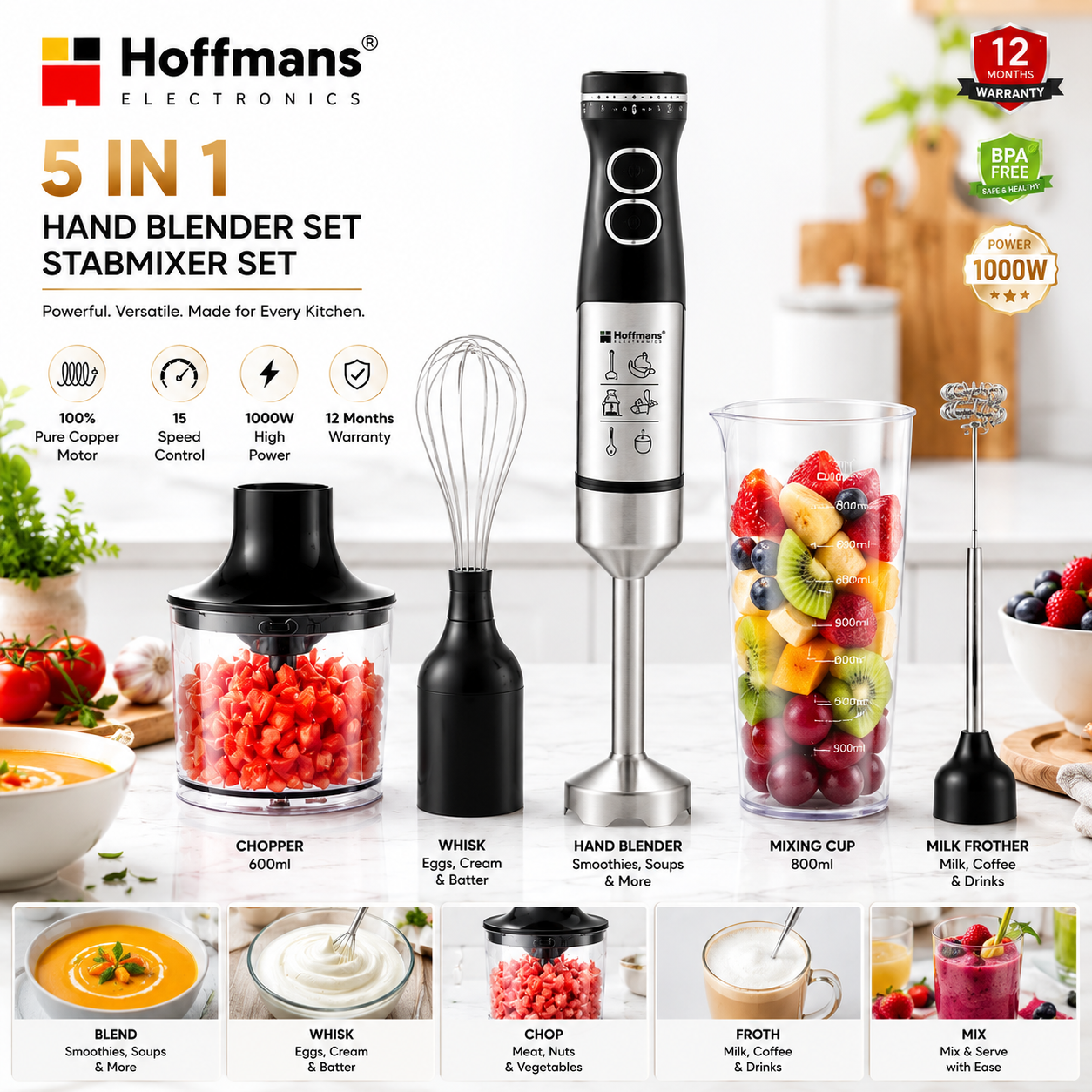 Hoffmans Electronics HM-8032 – Set Blender Vertical 5 în 1, 1000W