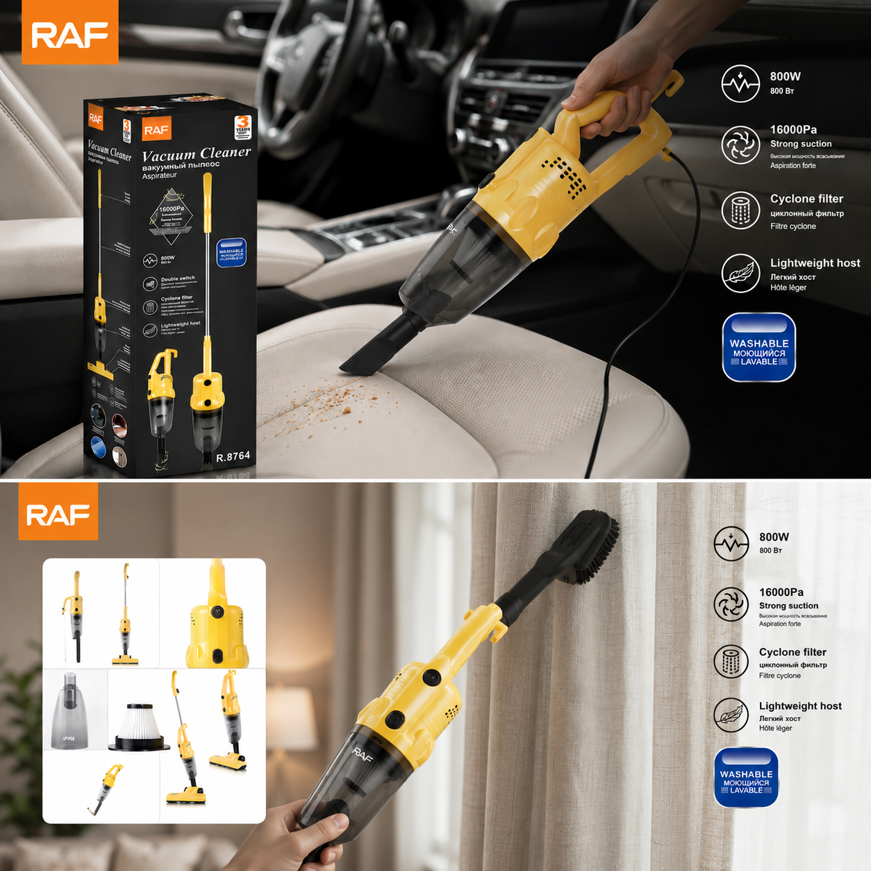 Aspirator Electric 2-în-1, RAF R.8764, 600W, Handheld & Vertical, Fără Sac