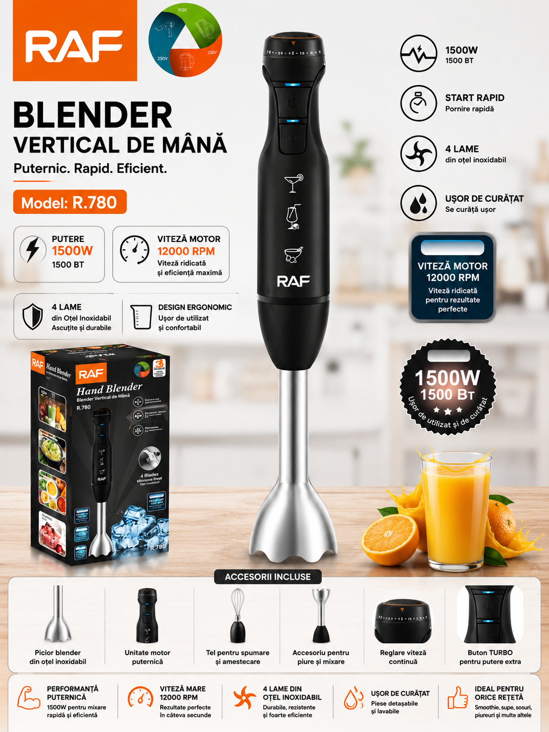 Blender Vertical de Mână, RAF R780, 1500W, 12000 RPM, 4 Lame din Oțel Inoxidabil, 42x6 cm