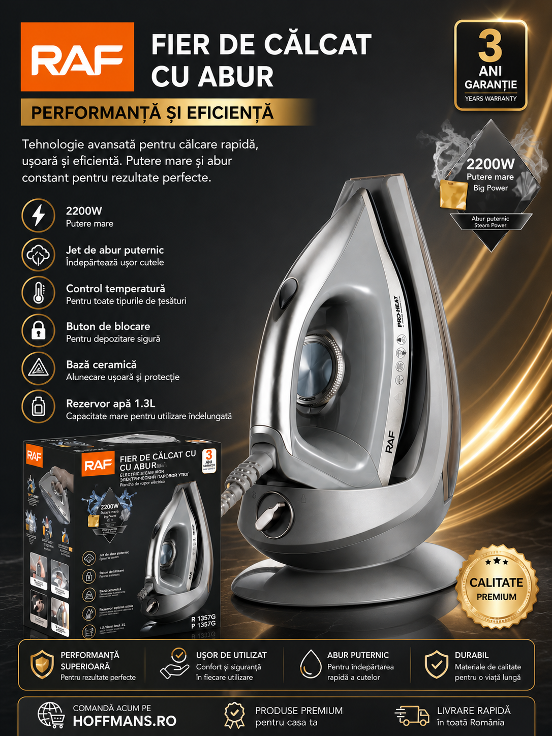 Fier De Calcat Cu Aburi Vertical RAF 1357G – Talpa Ceramica, Rezervor 1.5L, Functie Auto Curatare, 2200W