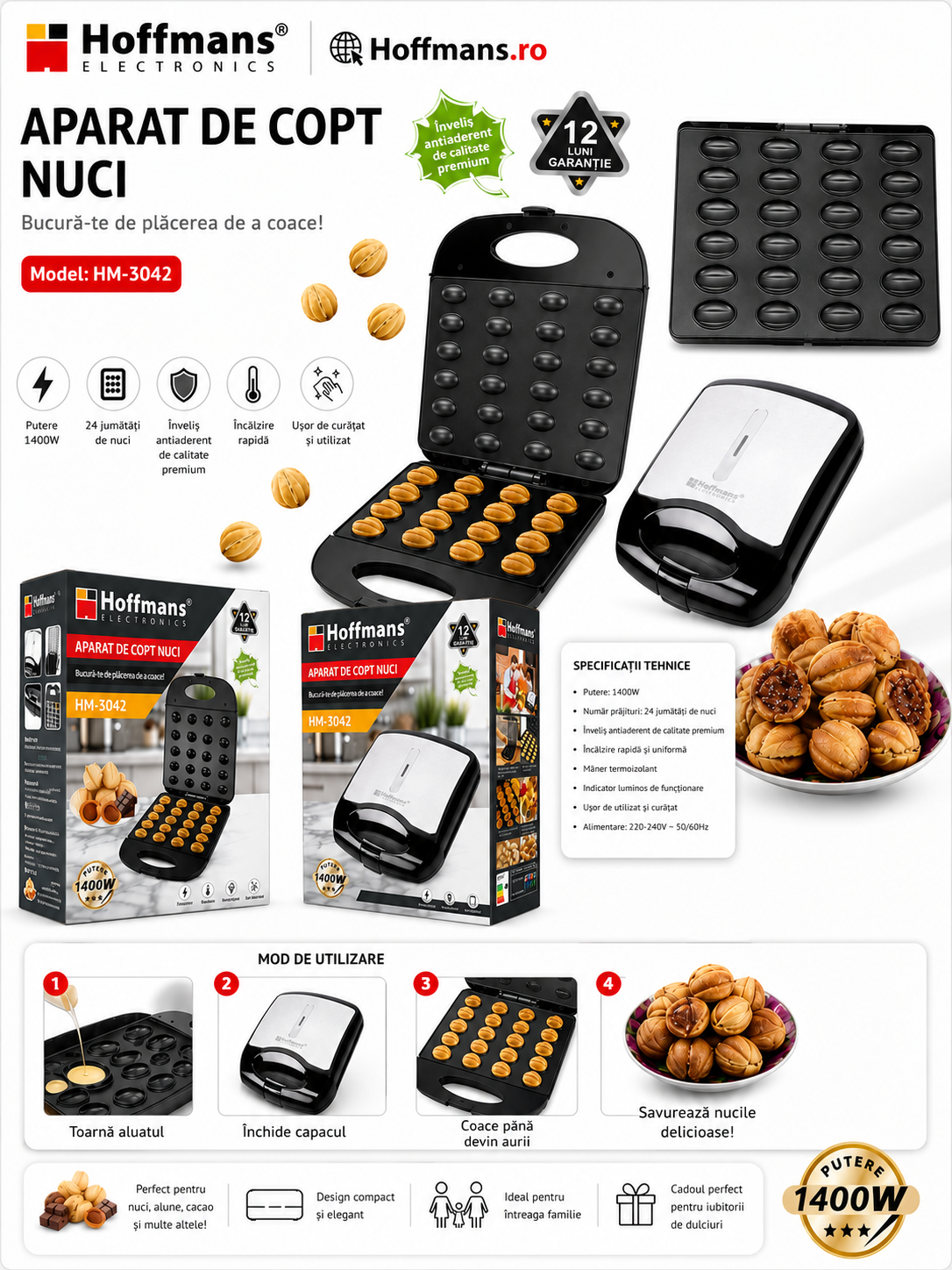 Aparat Electric pentru Prăjituri Tip Nucă HOFFMANS HM-3042, 1400W, Dublă Față, Antiaderent