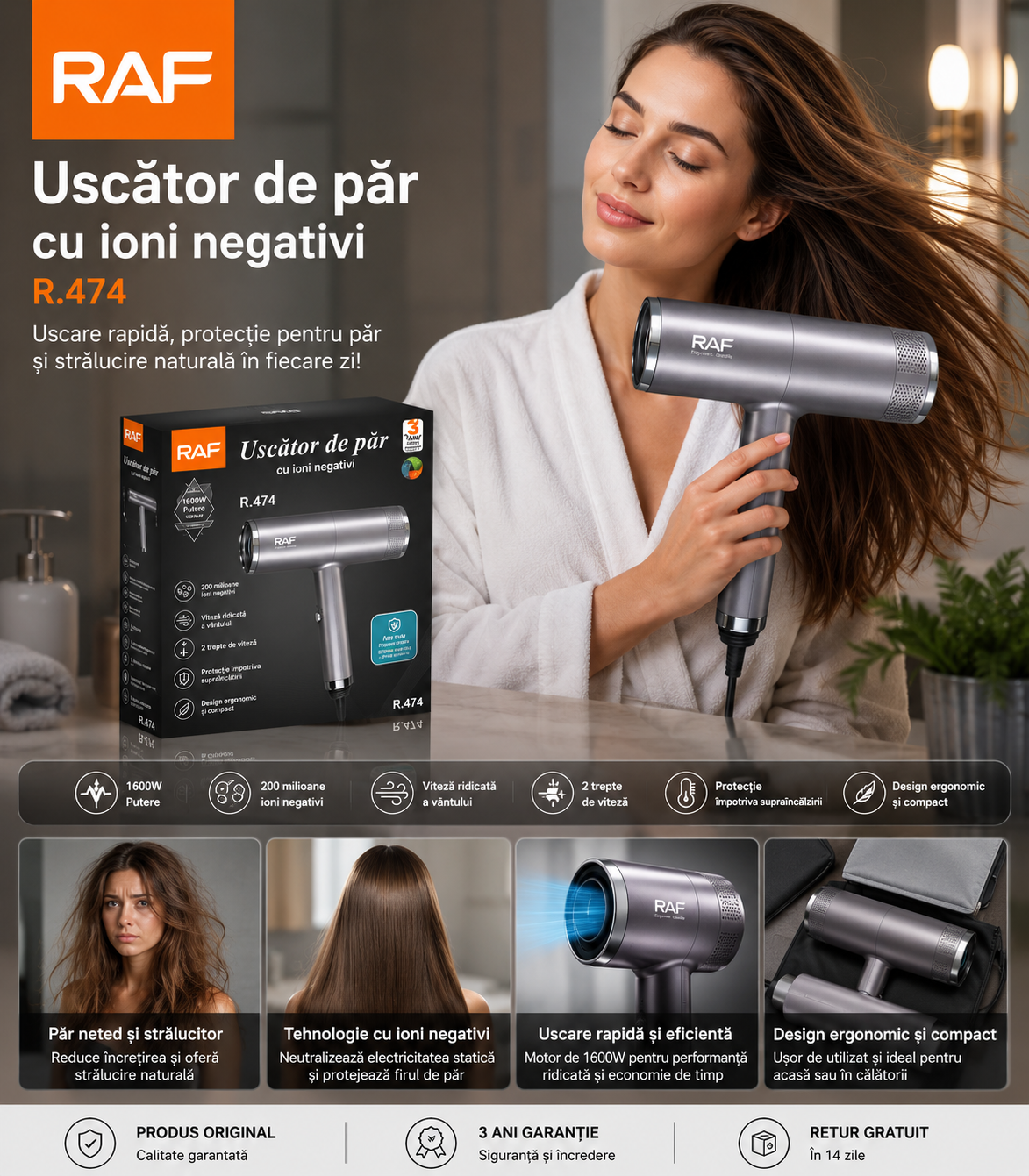 Uscator de par cu ioni negativi, RAF R474, 1600W, 2 viteze, buton de aer rece, 1 cap magnetic inclus, argintiu