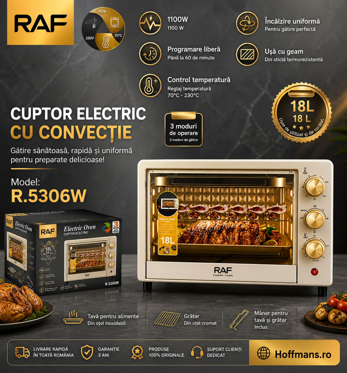 Cuptor Electric Compact RAF R.5306W, 18L, 1100W, Control Temperatură, Alb