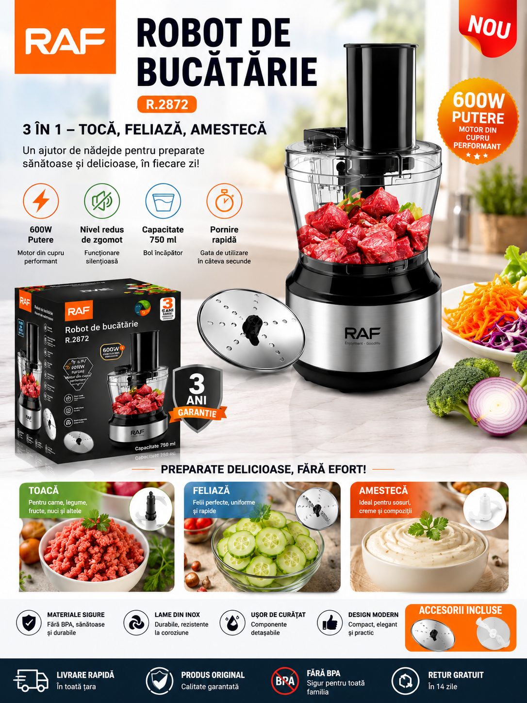 Blender / Mini Robot de Bucătărie RAF R.2872, 600W, 750ml, Multifuncțional