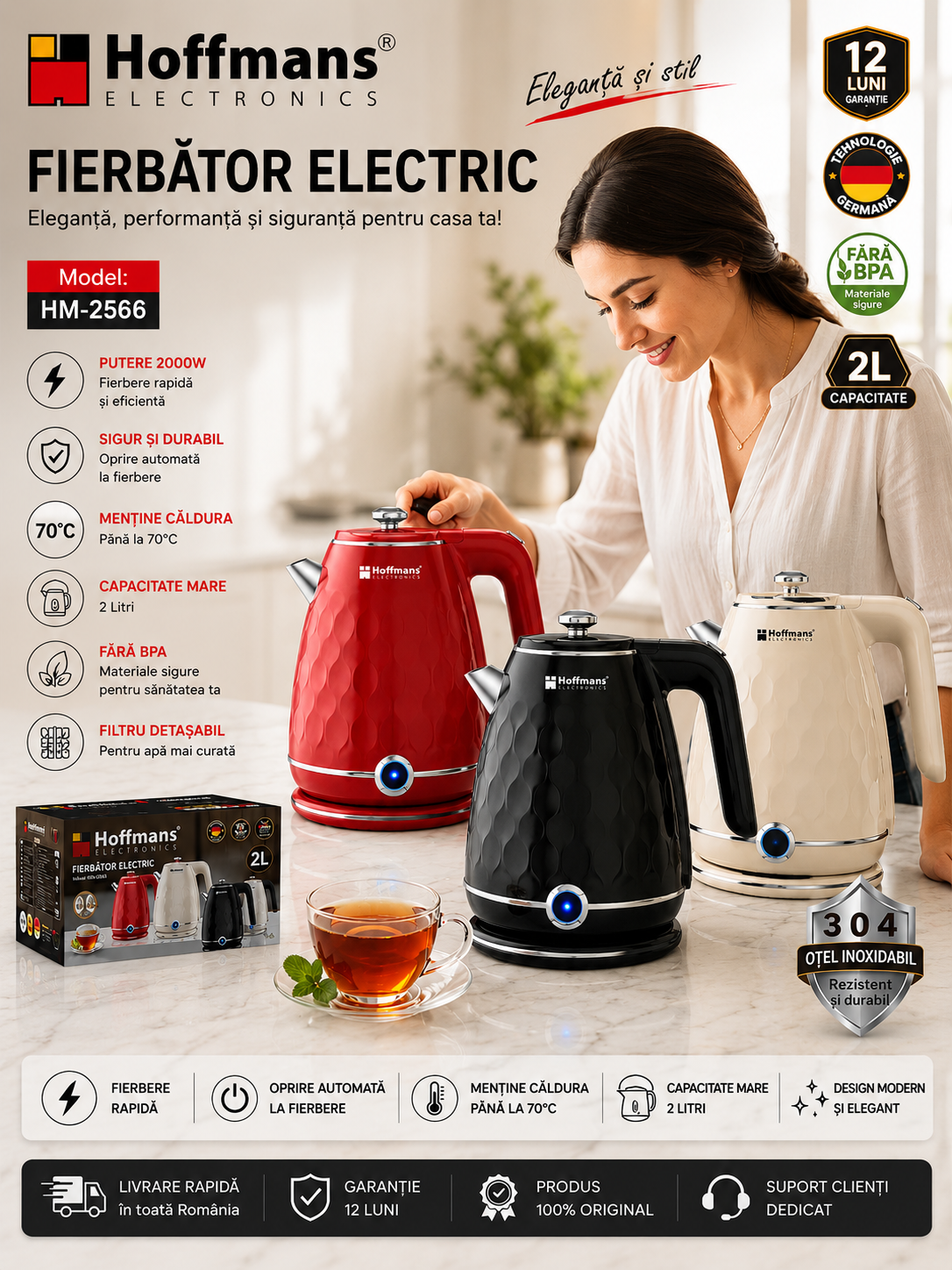 Fierbător Electric Hoffmans HM-2566, 2L, 2000W