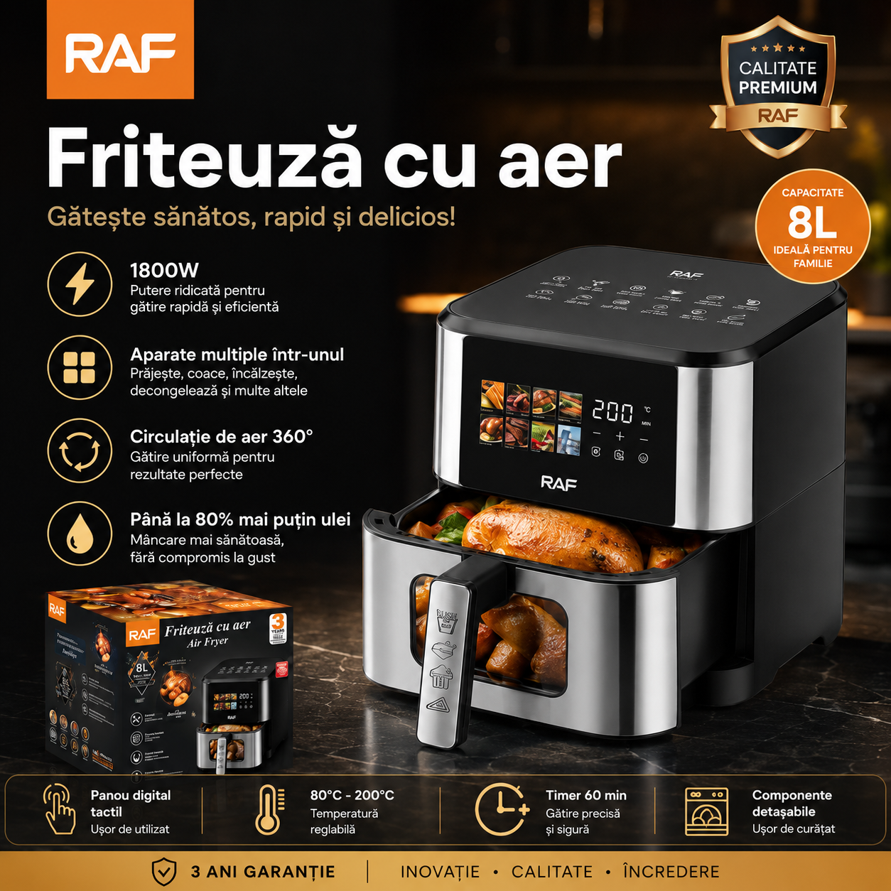 Friteuză Air Fryer Digitală Profesională RAF R.50005, 8L, 1800W, Inox