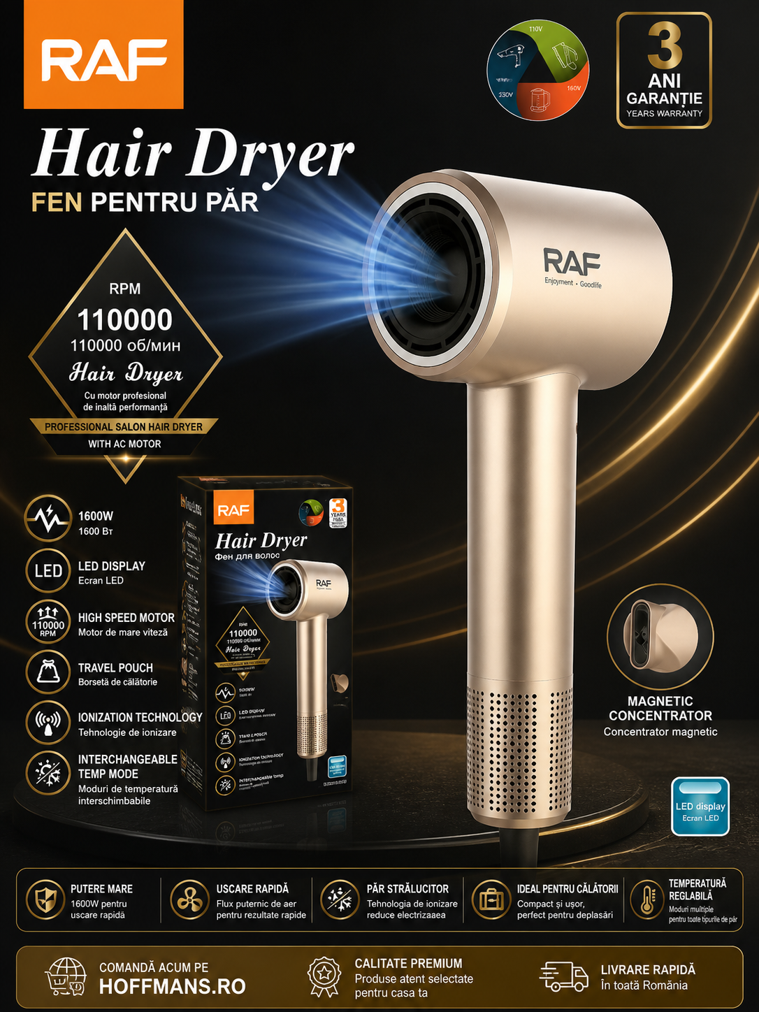 Uscator de Par Raf R4503, 1600W, 3 Viteze, Aer Rece si cald