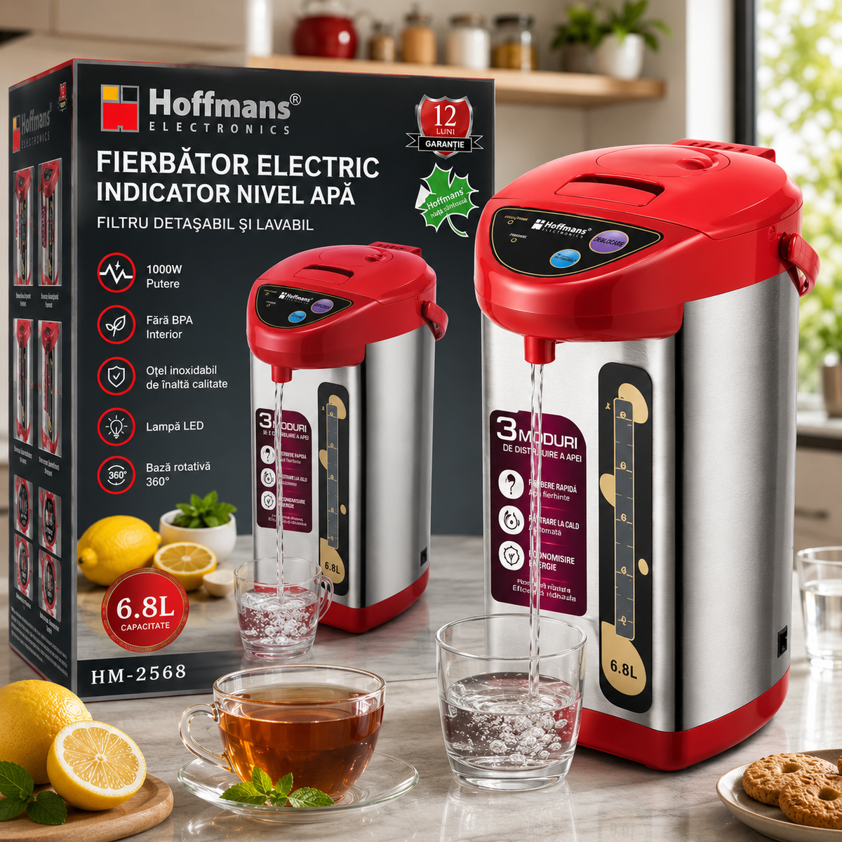 Termopot Electric Hoffmans HM-2568, 6.8L, 1000W, Dispenser Apa Fierbinte, Mentinere Temperatura, Rosu