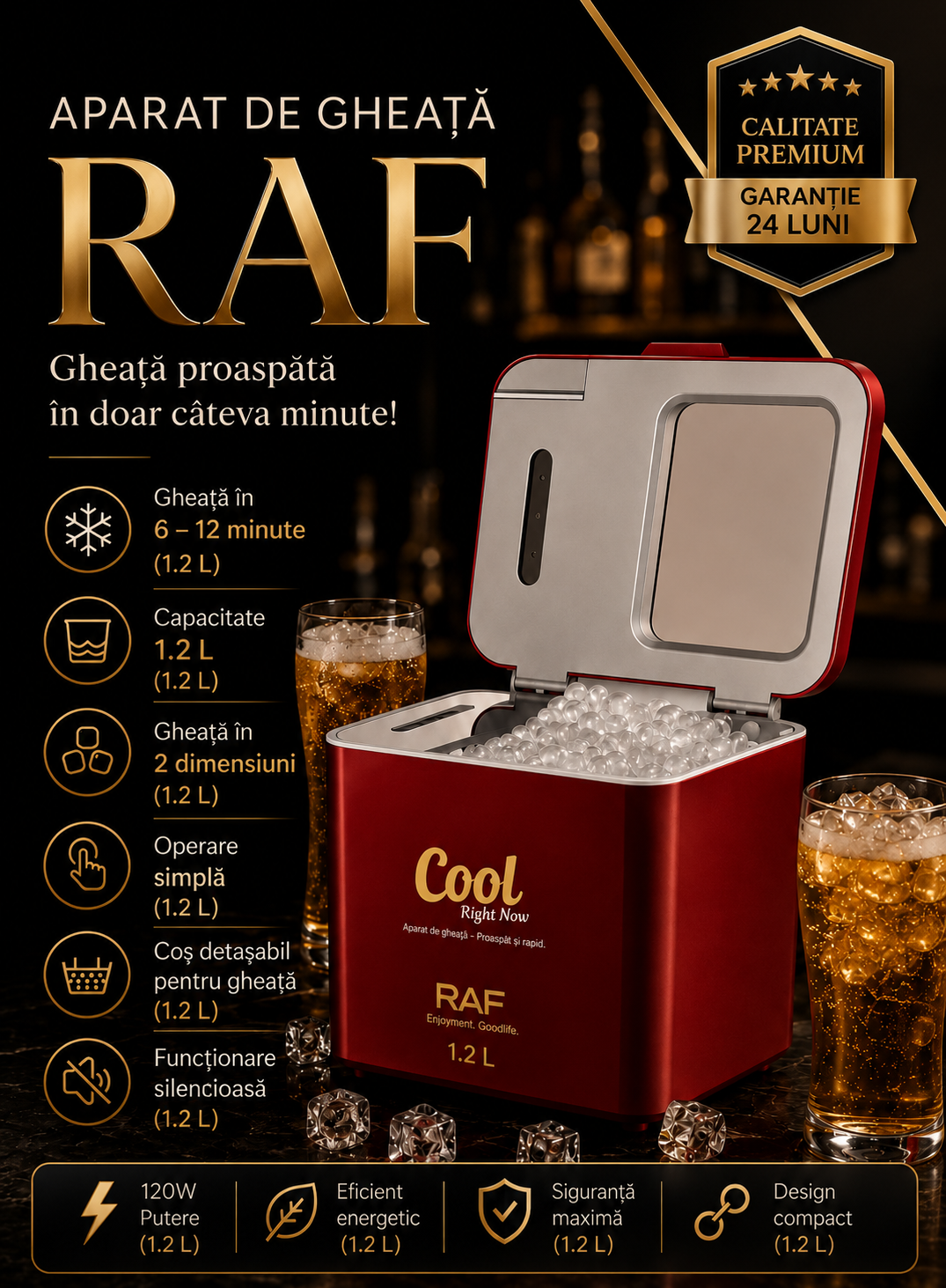 Mașină de Gheață Portabilă RAF R.0311R – 1.2 Litri, 150W