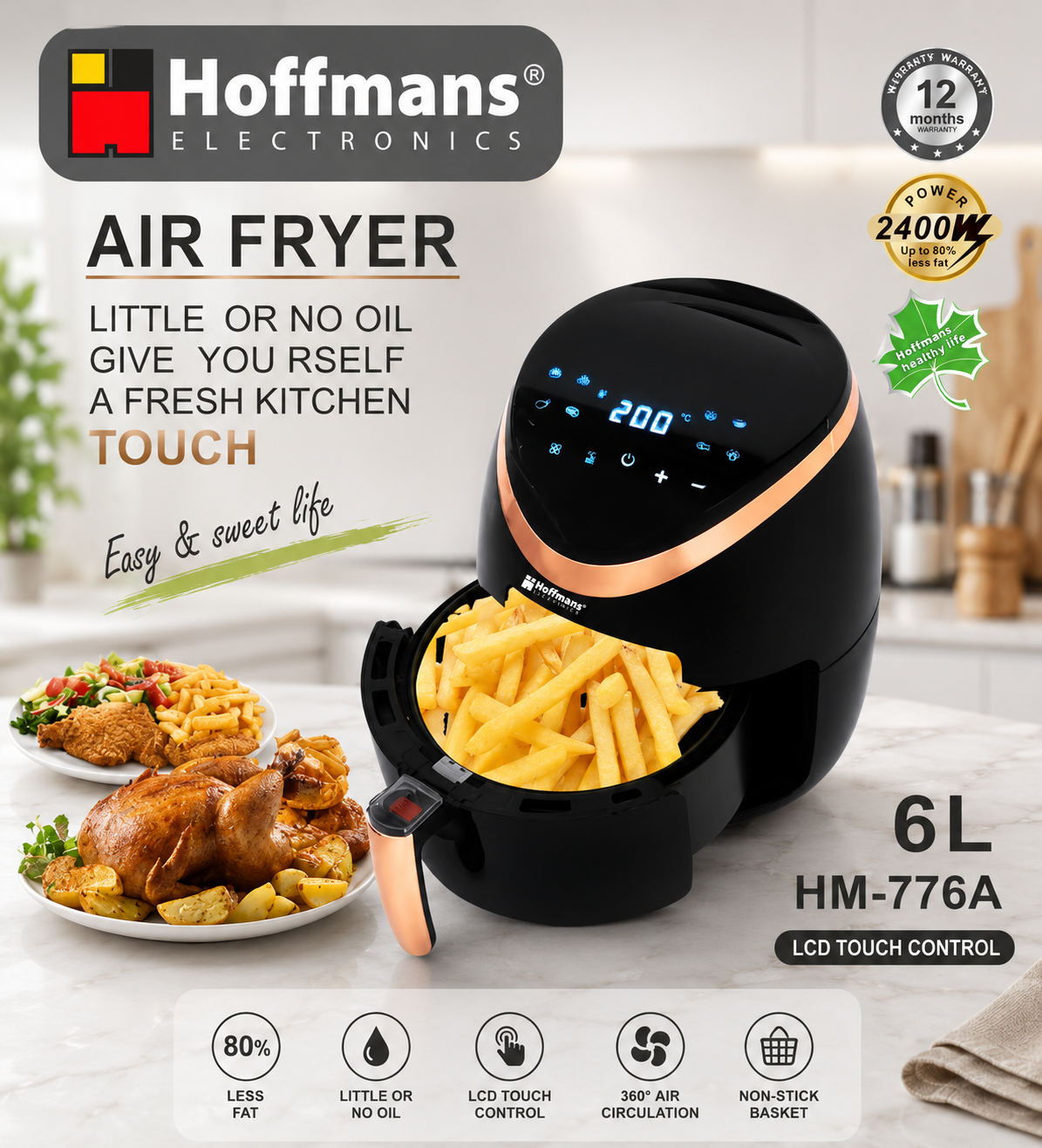 Air Fryer HOFFMANS 776A - Friteuza cu Aer Cald, Fara Ulei, Capacitate 6L, 2400W, Negru