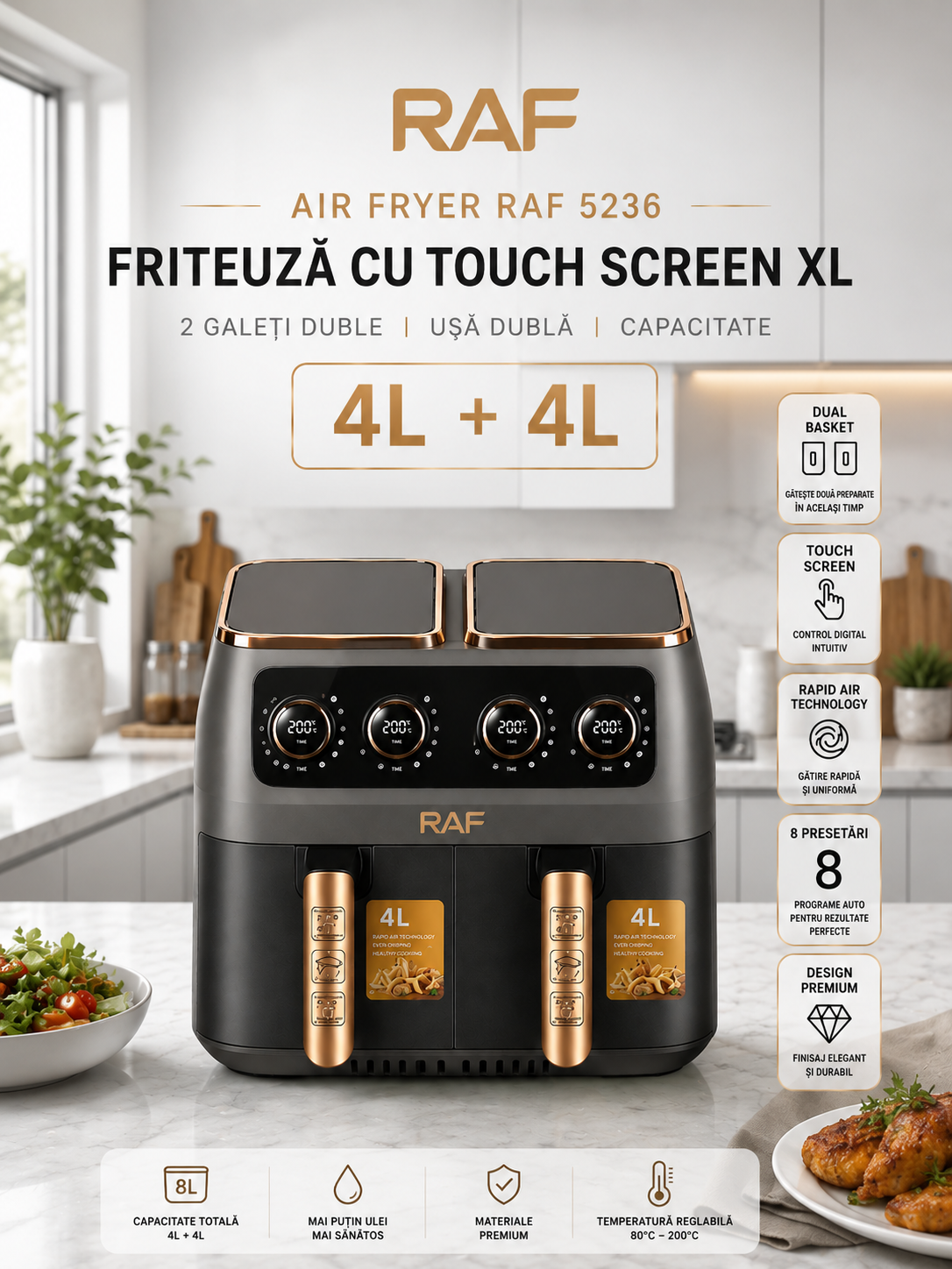 Air Fryer RAF 5236 - Friteuza cu Touch Screen XL, 2 Galeti Duble, Usa Dubla, Capacitate 8L