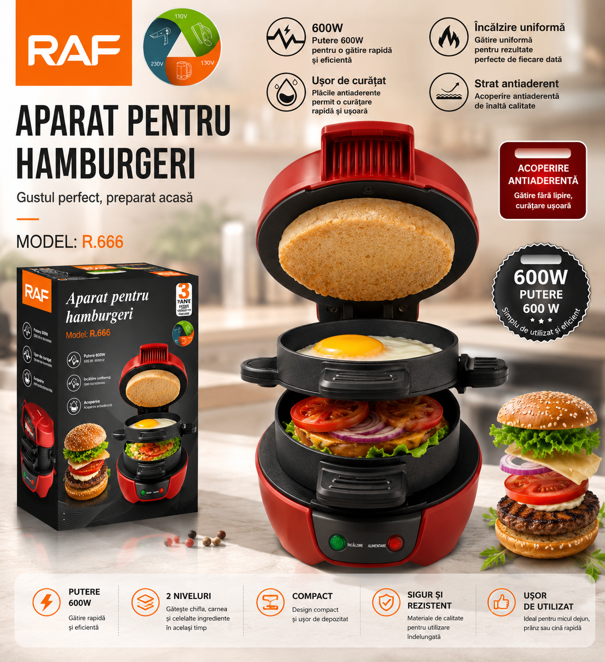 Aparat de Sandwichuri RAF 666 - Burger Maker, 600W