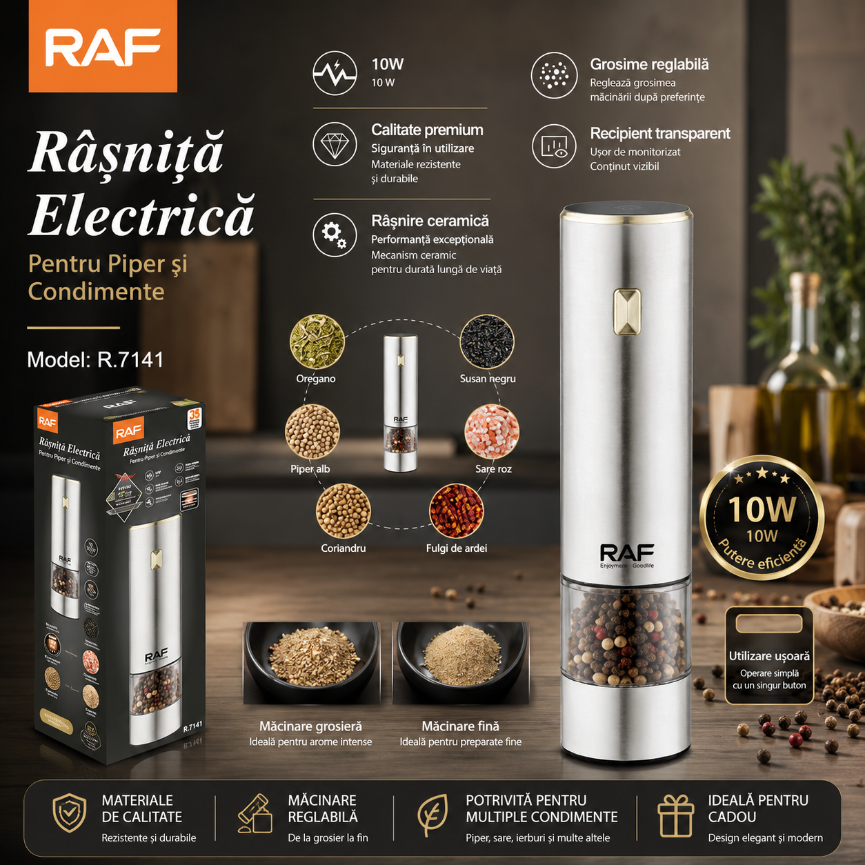 Rasnita RAF 7141 electrica sare si piper din otel inoxidabil cu camere depozitare transparente