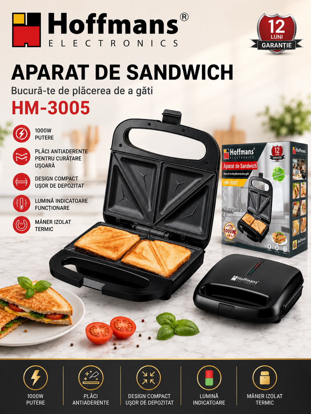Sandwich Maker Electric HOFFMANS HM-3005, 1000W, Plăci Antiaderente, Design Compact