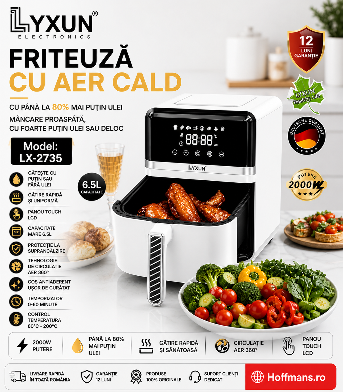 Friteuza cu Aer Cald LYXUN LX-2735 – Gatire Sanatoasa si Putere 2000W