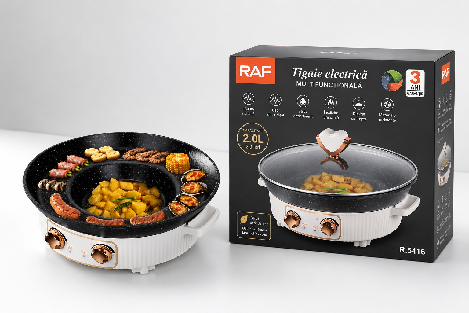 Tigaie electrică 2 în 1, RAF R5416, 1600W, 2L, cu capac și suprafață de prăjire/fierbere