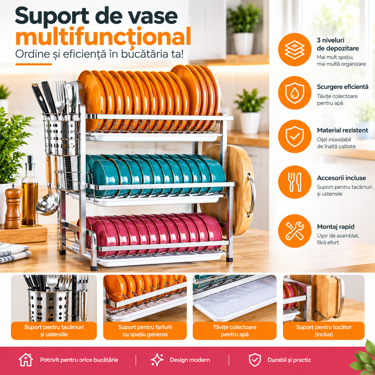 Suport multifuncțional pentru vase Barste, 2 în 1, din oțel inoxidabil, 45x30x52cm