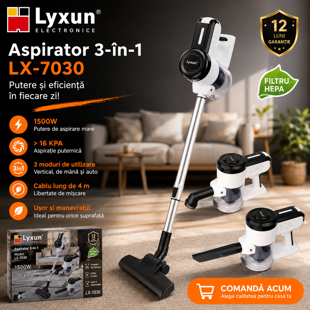 Aspirator Electric 3in1 Lyxun LX-7030, 1500W, Accesorii incluse + LIVRARE GRATUITA