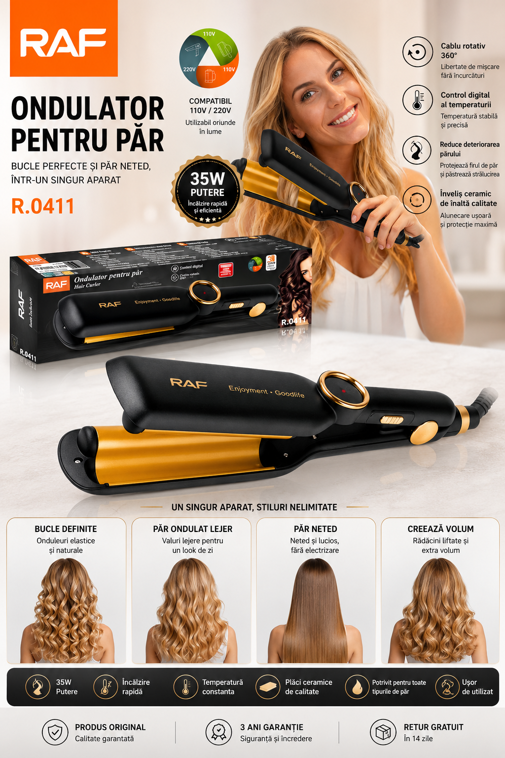 Ondulator pentru par, RAF R0411, 35W, placat cu ceramica, 29x6cm, negru-auriu