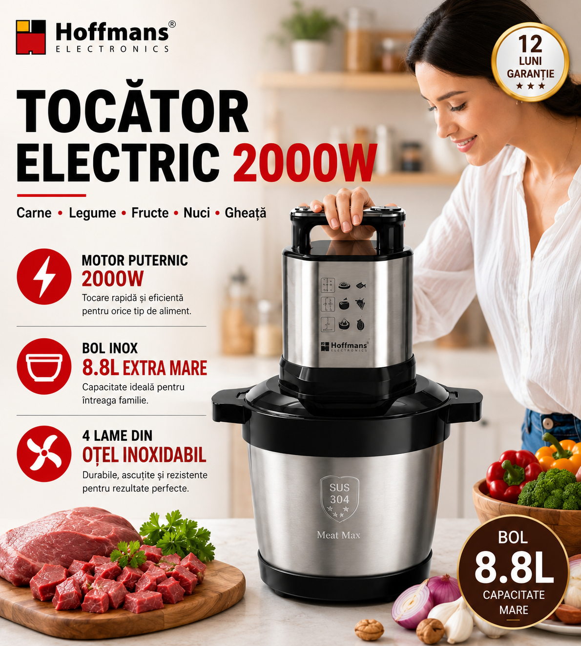 Tocător Electric Hoffmans HM-8879, 8.8L, 2000W