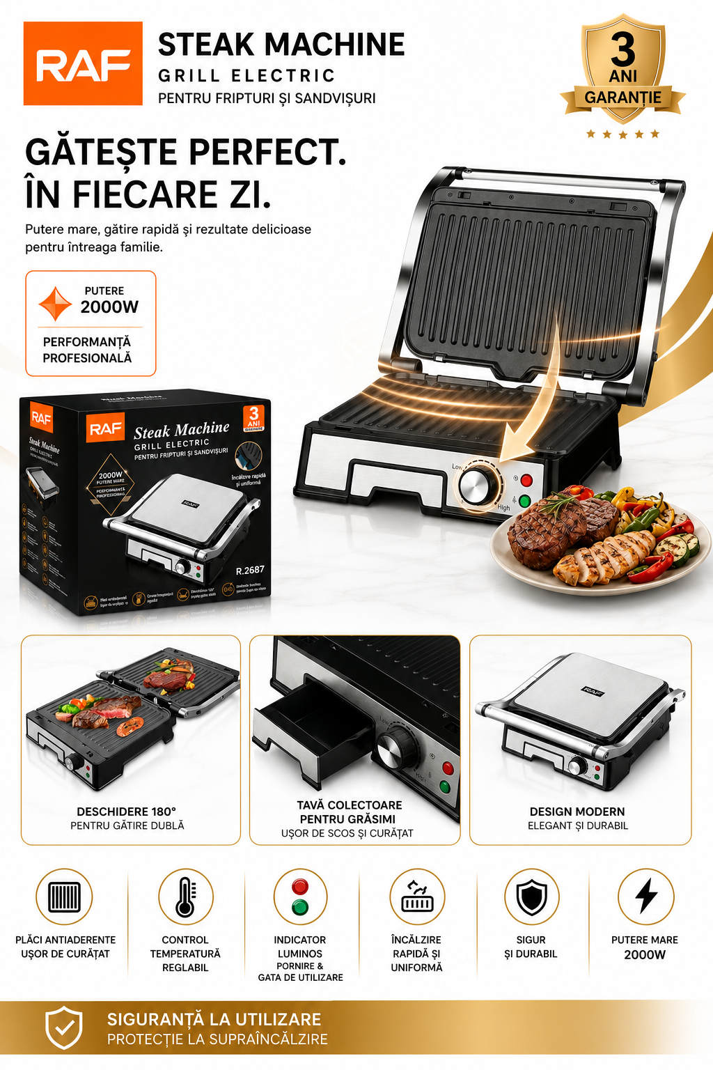 Aparat De Gatit Electric RAF 2687 – Grill 180°, Placi Detasabile, Panini Press, 2000W
