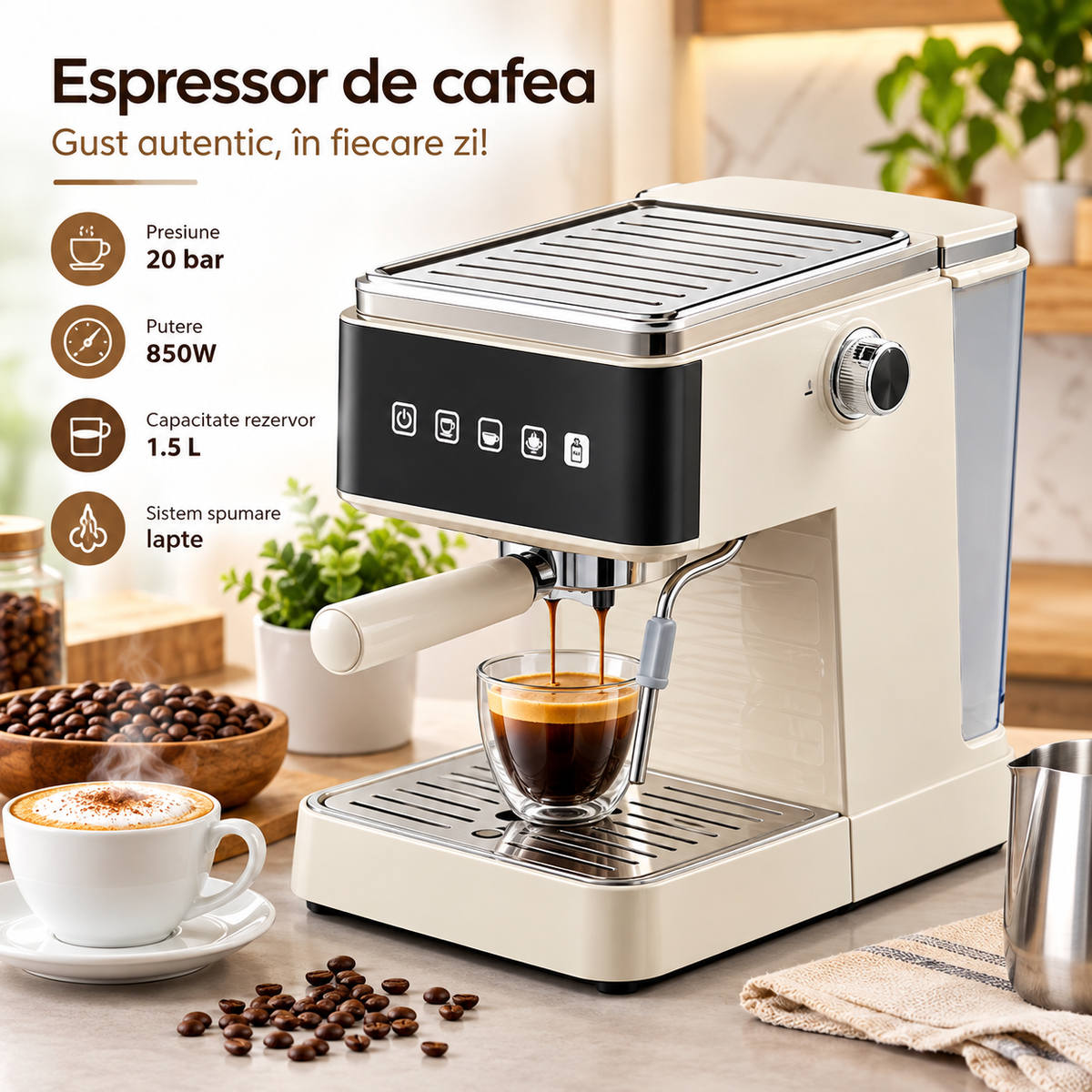 Espressor Semi-Automat cu Touch Control, 20 Bar, 1300W, Rezervor 1,5L, Sistem Spumare Lapte