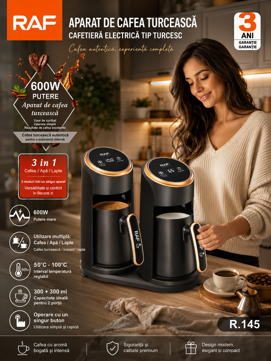 Cafetieră Electrică Turcească RAF R145, 0.3L + 0.3L, 600W, Sistem Dublu, Auriu/Negru