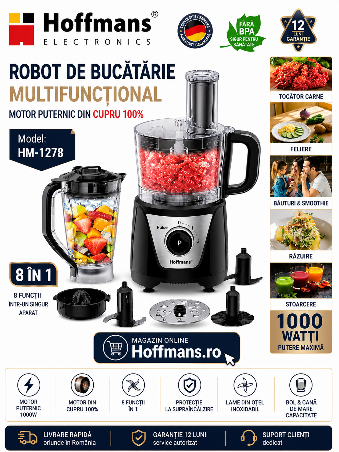 Robot de Bucătărie Hoffmans HM-1278, Multifuncțional, cu Blender