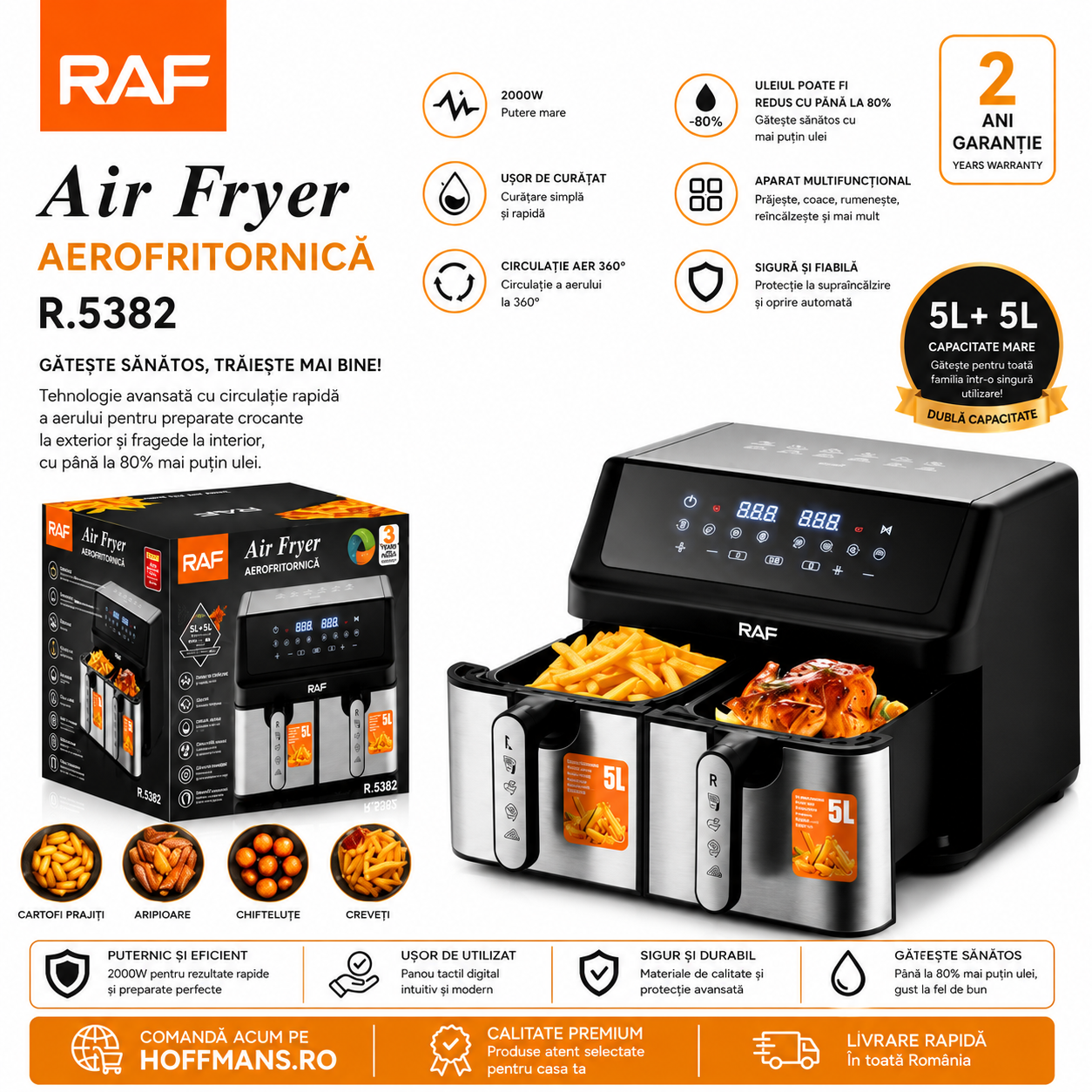 Friteuză cu Aer Digitală RAF R.5382, 10L (5L+5L), Dublu Coș, Control Tactil