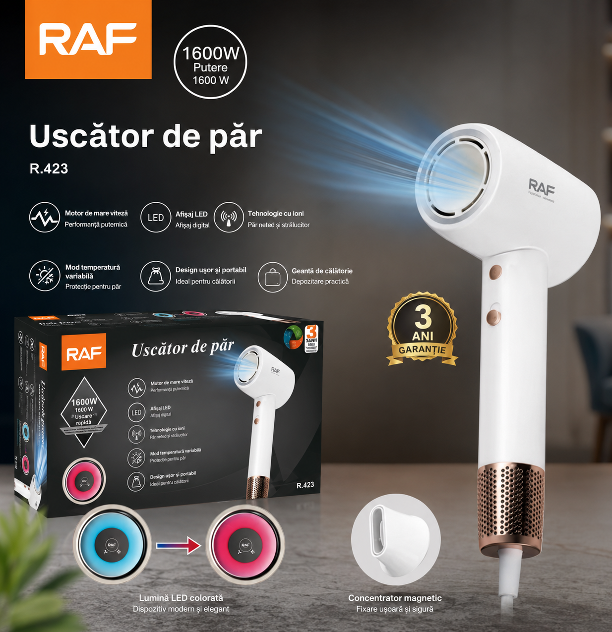 Uscator de par, RAF R423, 1600W, 33.5x16x8cm, 2 viteze si 3 trepte de temperatura, 1 cap magnetic, alb