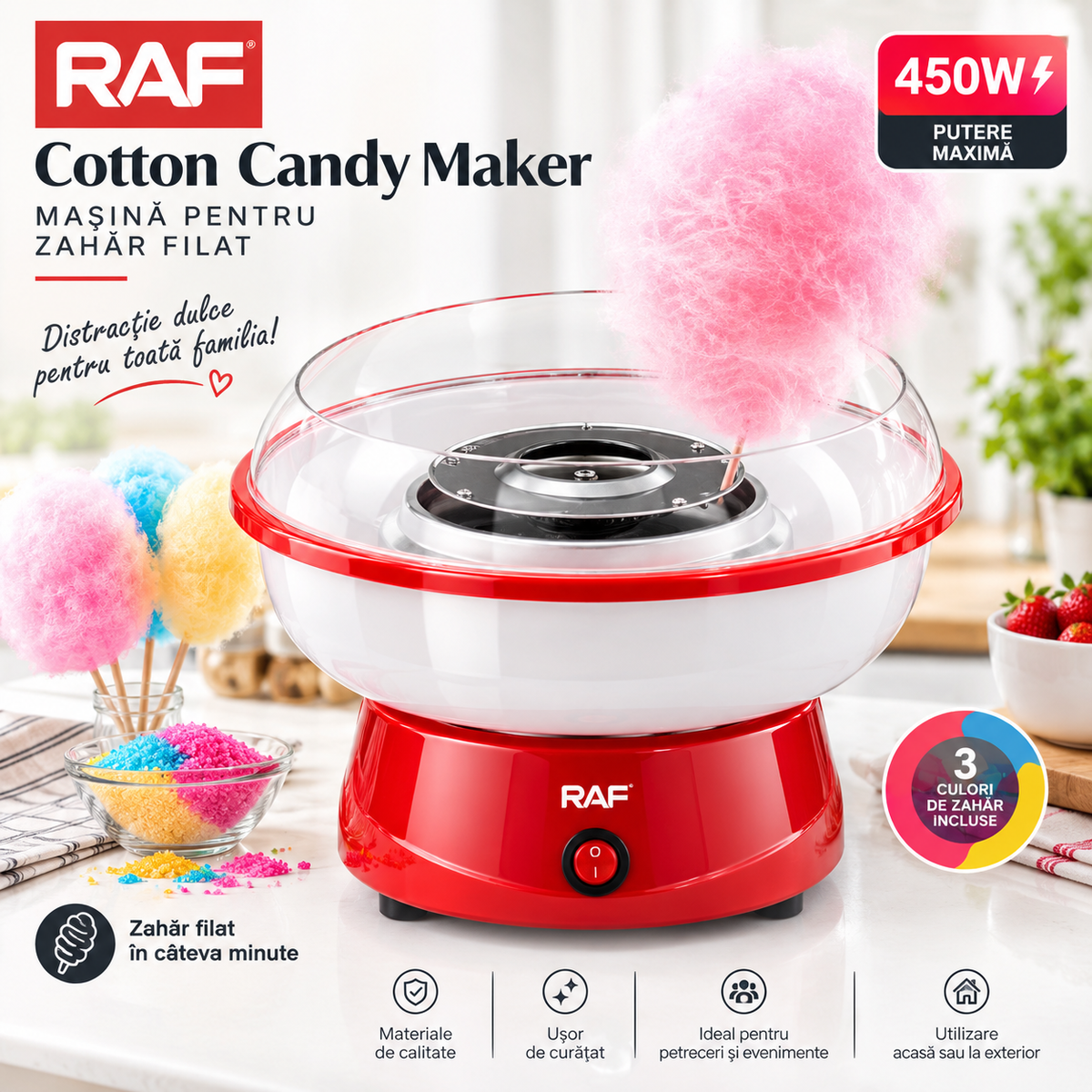 Aparat de Facut Vata de Zahar RAF 0001 - Capacitate 12 g, Putere 500W