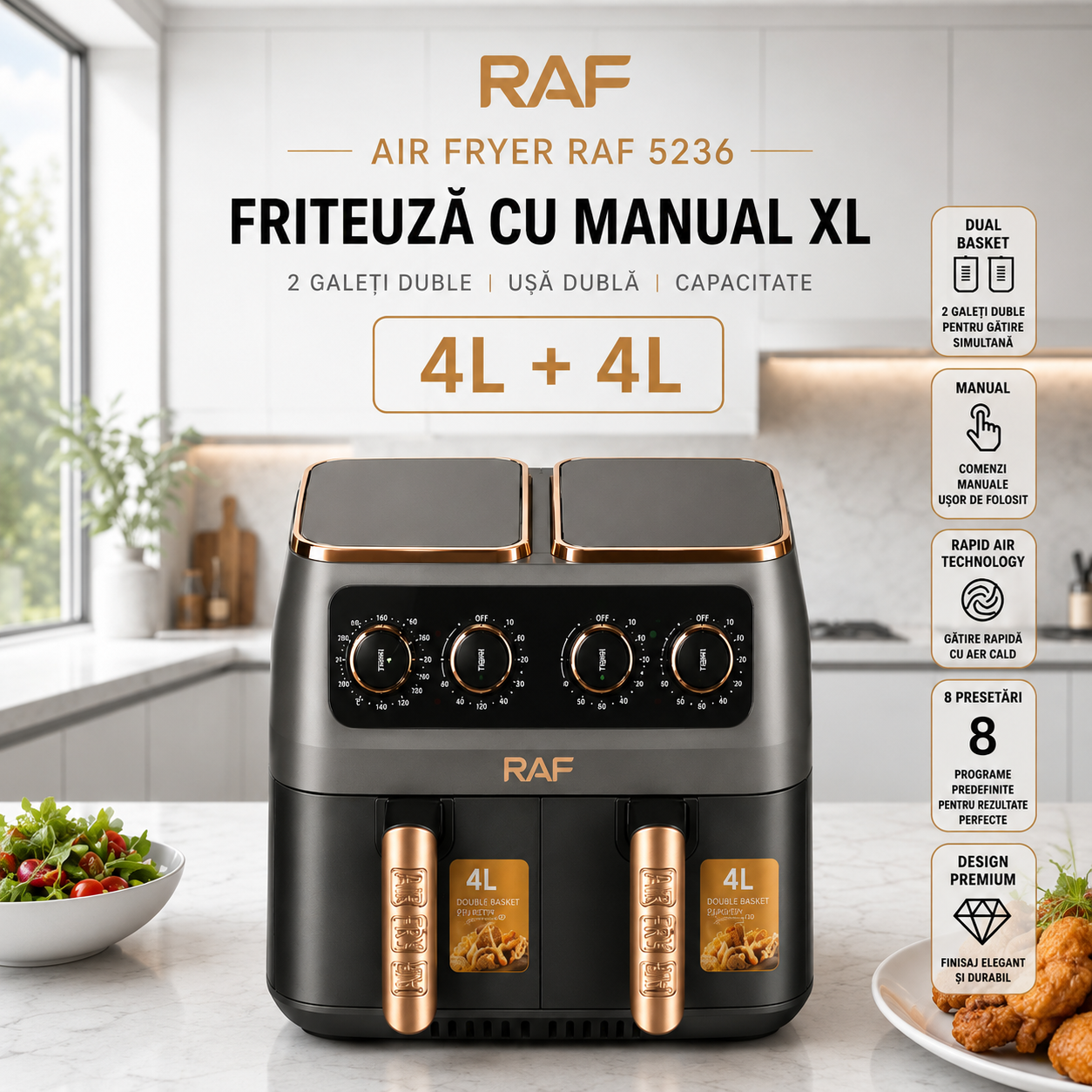 Air Fryer RAF 5236 - Friteuza cu Manual XL, 2 Galeti Duble, Usa Dubla, Capacitate 8L